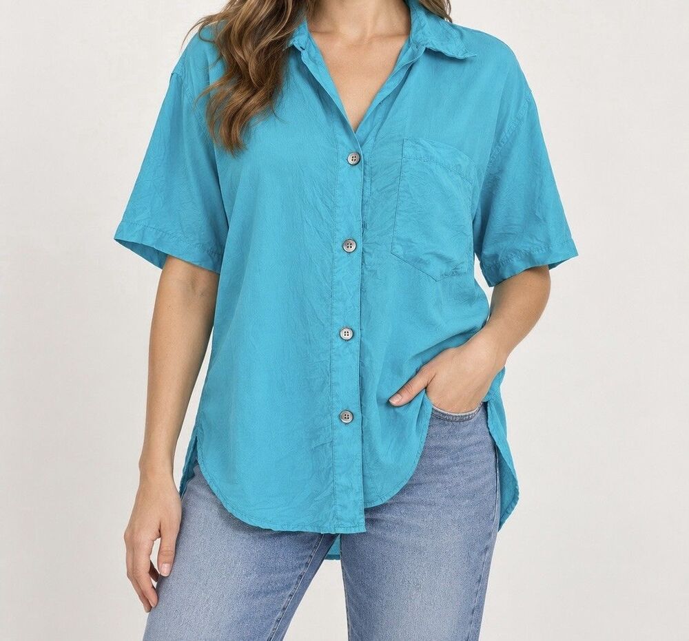Partners Women M 100% Silk Turquoise Button Up Shirt Blouse Oversized Teal